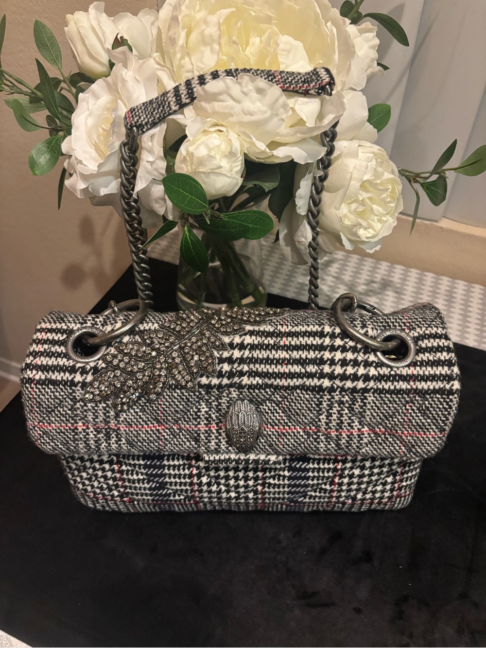 Kurt Geiger London Plaid Tweed Chain-Handle Shoulder Bag - Black/White/Red
